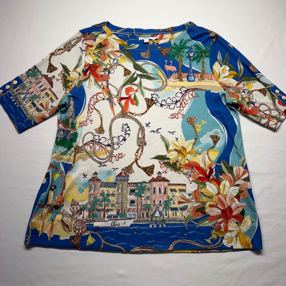 Chicos 3 XL Pima Cotton Tropical Harbor Print Short Sleeve Nautical Floral Top